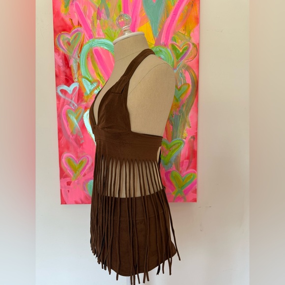 Woodstock Fringe Halter Faux Fur Vest Mini Skirt Costume Set - Picture 5 of 9